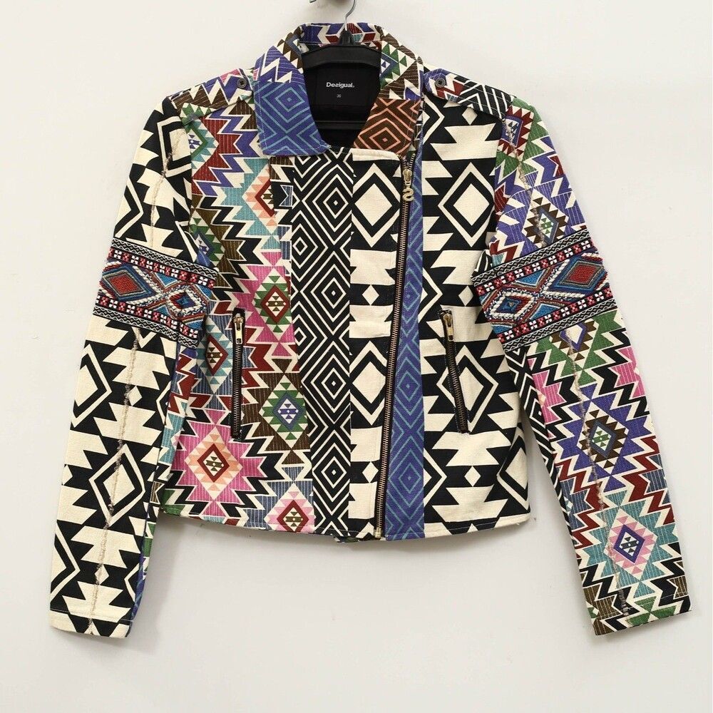 Desigual Malawi Jacket Top Zip-Up Printed Embellished Embroidered S-36 290396